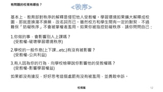 基本上，教育部對秩序的解釋是侵犯他人受教權。學習環境如果擴大解釋成校
園，那就是換湯不換藥，改名詞而已。雖然校方和學生間有一定的默契，不過
難保「妨礙秩序」不會被掌權者濫用。如果你被指控妨礙秩序，請你問問自己：
1.你做的事，會影響別人上課嗎？
(受教權-破壞學習環境秩序)
2.學校的一般作息(上下課…etc.)有沒有被影響？
(受教權-公共利益)
3.有人因為你的行為，向學校檢舉說你影響他的受教權嗎？
(受教權-影響學習權益)
如果都沒有違反，好好思考這個處罰有沒有被濫用，並勇敢申訴。
12校規篇
有問題的校規有哪些？
 