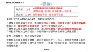 臺訓(一)字第1000051251號，教育部公文內容：
「關學生服裝儀容之規定，應以舉辦校內公聽會、說明會或進行全校性問卷調
查等方式，廣納學生及家長意見，循民主參與程序訂定」
「輔導學生服裝儀容相關問題時，應以柔性勸導、愛心關懷代替責備記過」
「推動解除髮禁之執行成效，亦將列為本部督學統合視導之評鑑項目」
髮禁，服裝儀容，教育部反對記過。
教育部係全國最高教育機關，高中校園在其之下，今天，如果校方持續反對教
育部的公文，即是給了學生最佳身教，不尊重上位者的決策，和反抗意識抬頭
的最佳示範。
15校規篇
第八條 之 5
– 服裝儀容不符合學校規定者
(學號未繡、鞋襪不合規定者)，初犯者
第九條 之 10 服裝儀容不整，經告誡不改者
有問題的校規有哪些？
 