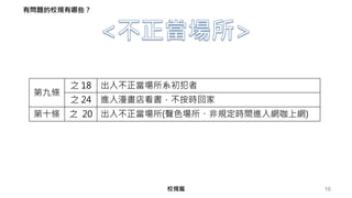 16校規篇
第九條
之 18 出入不正當場所系初犯者
之 24 進入漫畫店看書，不按時回家
第十條 之 20 出入不正當場所(聲色場所、非規定時間進入網咖上網)
有問題的校規有哪些？
 