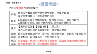 32
2.以大聲喝罵方式問話學生
救濟篇
教官，能怎麼做？
事例
教官以大聲喝罵的方式對學生問話，使學生震懾，
或使學生情緒化，達到激怒的目的
案件
1.臣服於教官不理性的濫權，變得腦袋空白， 喪失判斷力
2.遭到教官激怒, 自身亦喪失理性, 與教官大聲相向
違反
【刑事訴訟法】【第154條】 【第1項】
被告未經審判證明有罪確定前，推定其為無罪
理由
說明
就以大聲喝罵的方式，似乎早已認定你有罪。或是為了使你與他
大聲相向，以頂撞為由，使你位居下風。
解決
方法
行使緘默，他沒叫你解釋就不要理他。或直接有禮的請他降低音
量停止喝罵行為，否則繼續行使緘默。
 