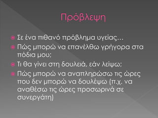  Σε ένα πιθανό πρόβλημα υγείας…
 Πώς μπορώ να επανέλθω γρήγορα στα
πόδια μου;
 Τι θα γίνει στη δουλειά, εάν λείψω;
 Πώς μπορώ να αναπληρώσω τις ώρες
που δεν μπορώ να δουλέψω (π.χ. να
αναθέσω τις ώρες προσωρινά σε
συνεργάτη)
 