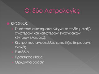  ΚΡΟΝΟΣ
› Σε κάποια συστήματα ελέγχει το πεδίο μεταξύ
ανώτερων και κατώτερων ενεργειακών
κέντρων (λαιμός;).
› Κέντρο που αναστέλλει, εμποδίζει, δημιουργεί
ενοχές
› Εμπόδιο
› Πρακτικός Νους
› Οριζόντια δράση
 