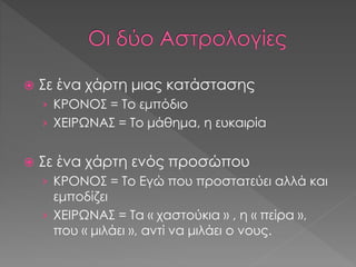  Σε ένα χάρτη μιας κατάστασης
› ΚΡΟΝΟΣ = Το εμπόδιο
› ΧΕΙΡΩΝΑΣ = Το μάθημα, η ευκαιρία
 Σε ένα χάρτη ενός προσώπου
› ΚΡΟΝΟΣ = Το Εγώ που προστατεύει αλλά και
εμποδίζει
› ΧΕΙΡΩΝΑΣ = Τα « χαστούκια » , η « πείρα »,
που « μιλάει », αντί να μιλάει ο νους.
 