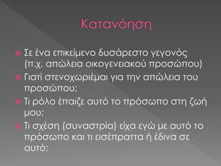 Σε ένα επικείμενο δυσάρεστο γεγονός
(π.χ. απώλεια οικογενειακού προσώπου)
 Γιατί στενοχωριέμαι για την απώλεια του
προσώπου;
 Τι ρόλο έπαιζε αυτό το πρόσωπο στη ζωή
μου;
 Τι σχέση (συναστρία) είχα εγώ με αυτό το
πρόσωπο και τι εισέπραττα ή έδινα σε
αυτό;
 