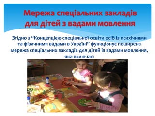 Згідно з “Концепцією спеціальної освіти осіб із психічними
та фізичними вадами в Україні” функціонує поширена
мережа спеціальних закладів для дітей із вадами мовлення,
яка включає:
Мережа спеціальних закладів
для дітей з вадами мовлення
 