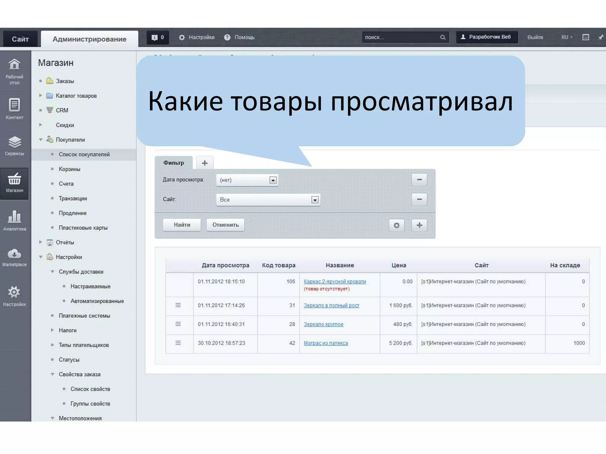 Какие товары просматривал
 