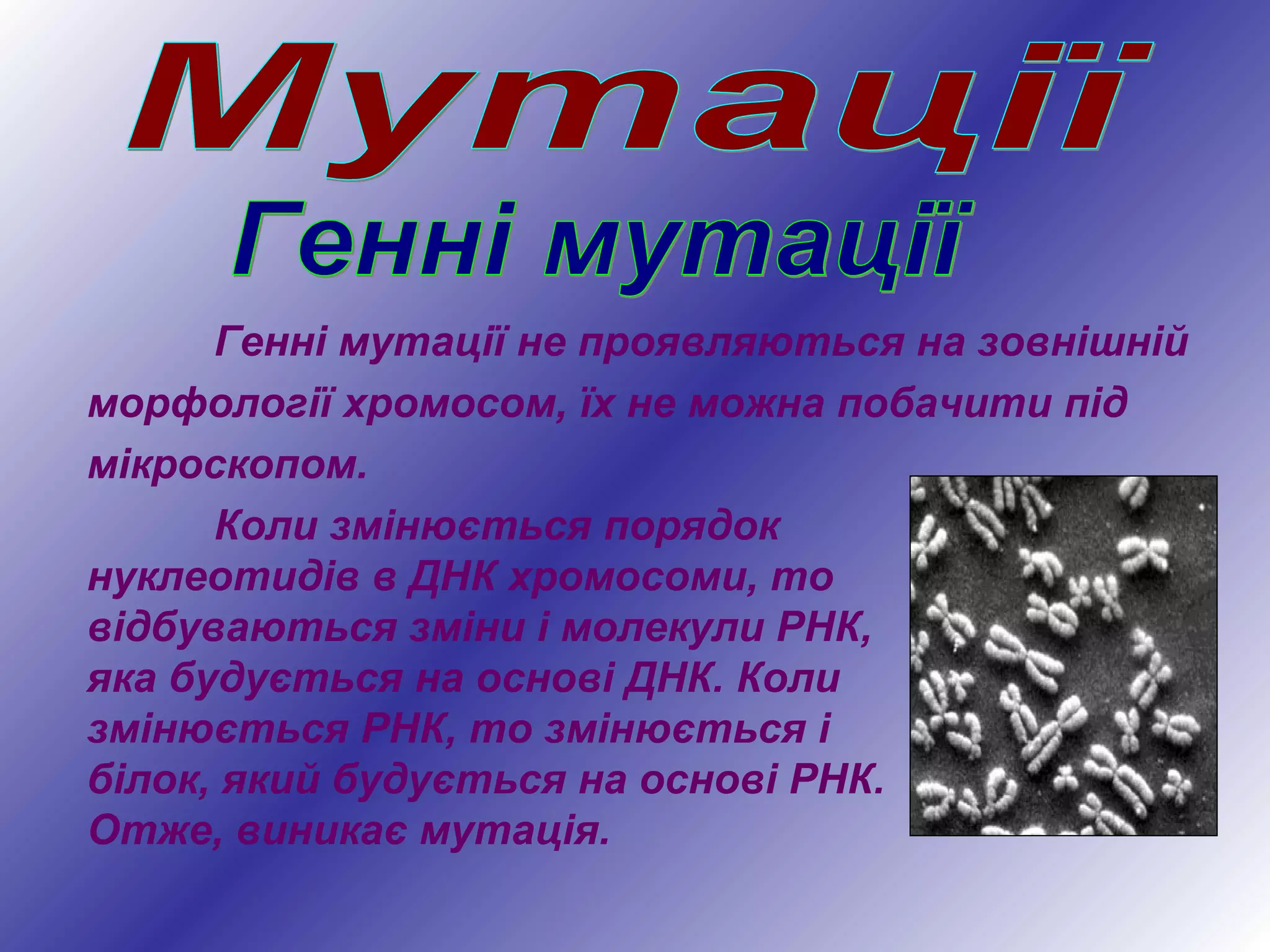 Генні мутації не проявляються на зовнішній
морфології хромосом, їх не можна побачити під
мікроскопом.
Коли змінюється порядок
нуклеотидів в ДНК хромосоми, то
відбуваються зміни і молекули РНК,
яка будується на основі ДНК. Коли
змінюється РНК, то змінюється і
білок, який будується на основі РНК.
Отже, виникає мутація.
 