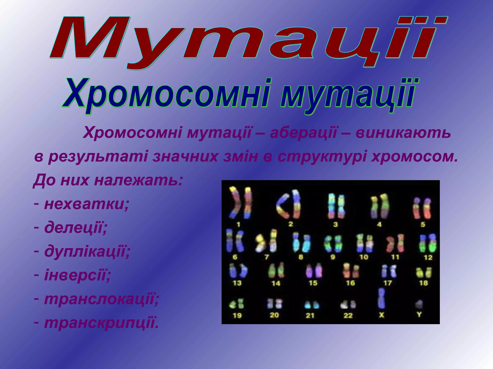 Хромосомні мутації – аберації – виникають
в результаті значних змін в структурі хромосом.
До них належать:
- нехватки;
- делеції;
- дуплікації;
- інверсії;
- транслокації;
- транскрипції.
 
