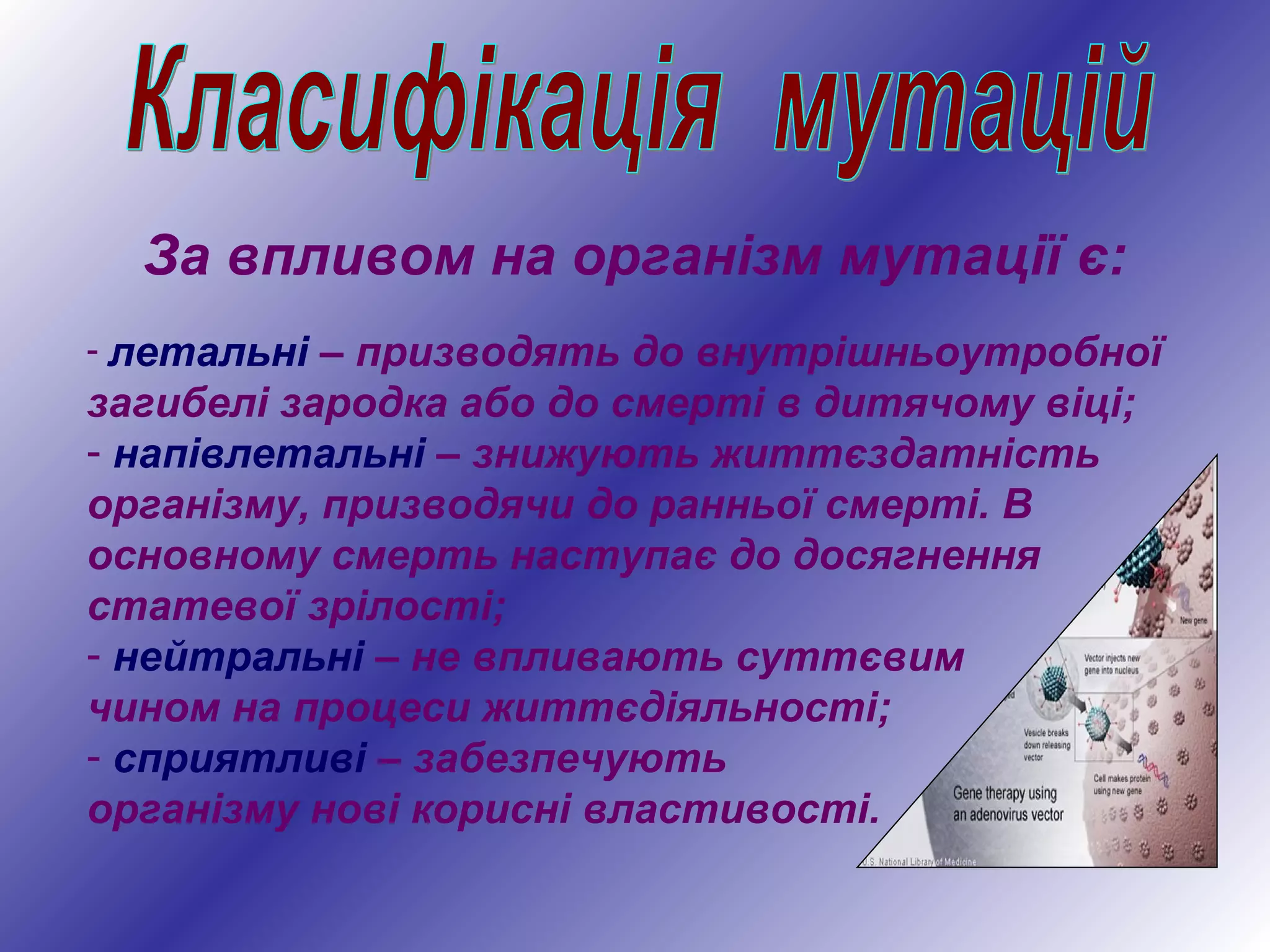 За впливом на організм мутації є:
- летальні – призводять до внутрішньоутробної
загибелі зародка або до смерті в дитячому віці;
- напівлетальні – знижують життєздатність
організму, призводячи до ранньої смерті. В
основному смерть наступає до досягнення
статевої зрілості;
- нейтральні – не впливають суттєвим
чином на процеси життєдіяльності;
- сприятливі – забезпечують
організму нові корисні властивості.
 