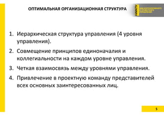 5
ОПТИМАЛЬНАЯ ОРГАНИЗАЦИОННАЯ СТРУКТУРА
1. Иерархическая структура управления (4 уровня
управления).
2. Совмещение принципов единоначалия и
коллегиальности на каждом уровне управления.
3. Четкая взаимосвязь между уровнями управления.
4. Привлечение в проектную команду представителей
всех основных заинтересованных лиц.