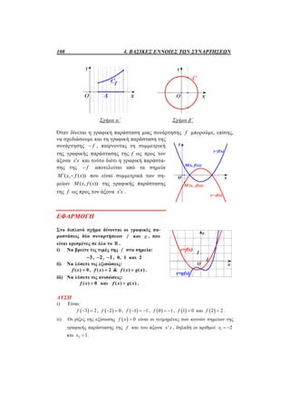 108 4. ΒΑΣΙΚΕΣ ΕΝΝΟΙΕΣ ΤΩΝ ΣΥΝΑΡΤΗΣΕΩΝ
Σχήμα α΄ Σχήμα β΄
Όταν δίνεται η γραφική παράσταση μιας συνάρτησης f μπορούμε, επίσης,
να σχεδιάσουμε και τη γραφική παράσταση της
συνάρτησης f , παίρνοντας τη συμμετρική
της γραφικής παράστασης της f ως προς τον
άξονα x x και τούτο διότι η γραφική παράστα-
σης της f αποτελείται από τα σημεία
( , ( ))M x f x  που είναι συμμετρικά των ση-
μείων ( , ( ))M x f x της γραφικής παράστασης
της f ως προς τον άξονα x x .
ΕΦΑΡΜΟΓΗ
Στο διπλανό σχήμα δίνονται οι γραφικές πα-
ραστάσεις δύο συναρτήσεων f και g , που
είναι ορισμένες σε όλο το  .
i) Να βρείτε τις τιμές της f στα σημεία:
3 , 2 , 1 , 0, 1 και 2
ii) Να λύσετε τις εξισώσεις:
( ) 0f x  , ( ) 2f x  & ( ) ( )f x g x .
iii) Να λύσετε τις ανισώσεις:
( ) 0f x  και ( ) ( )f x g x .
ΛΥΣΗ
i) Είναι:
 3 2f   ,  2 0f   ,  1 1f    ,  0 1f   ,  1 0f  και  2 2f  .
ii) Οι ρίζες της εξίσωσης   0f x  είναι οι τετμημένες των κοινών σημείων της
γραφικής παράστασης της f και του άξονα 'x x , δηλαδή οι αριθμοί 1 2x  
και 2 1x  .
 