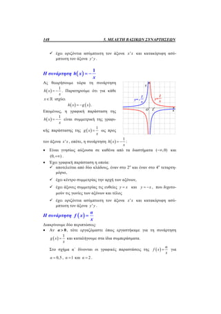 148 5. ΜΕΛΕΤΗ ΒΑΣΙΚΩΝ ΣΥΝΑΡΤΗΣΕΩΝ
 έχει οριζόντια ασύμπτωτη τον άξονα 'x x και κατακόρυφη ασύ-
μπτωτη τον άξονα 'y y .
Η συνάρτηση  
1
h x
x
 
Ας θεωρήσουμε τώρα τη συνάρτηση
 
1
h x
x
  . Παρατηρούμε ότι για κάθε
x ισχύει
   h x g x  .
Επομένως, η γραφική παράσταση της
 
1
h x
x
  είναι συμμετρική της γραφι-
κής παράστασης της  
1
g x
x
 ως προς
τον άξονα 'x x , οπότε, η συνάρτηση  
1
h x
x
  :
 Είναι γνησίως αύξουσα σε καθένα από τα διαστήματα ( ,0) και
(0, ) .
 Έχει γραφική παράσταση η οποία:
 αποτελείται από δύο κλάδους, έναν στο 2ο
και έναν στο 4ο
τεταρτη-
μόριο,
 έχει κέντρο συμμετρίας την αρχή των αξόνων,
 έχει άξονες συμμετρίας τις ευθείες y x και y x  , που διχοτο-
μούν τις γωνίες των αξόνων και τέλος
 έχει οριζόντια ασύμπτωτη τον άξονα 'x x και κατακόρυφη ασύ-
μπτωτη τον άξονα 'y y .
Η συνάρτηση  
α
f x
x

Διακρίνουμε δύο περιπτώσεις:
 Αν 0α  , τότε εργαζόμαστε όπως εργαστήκαμε για τη συνάρτηση
 
1
g x
x
 και καταλήγουμε στα ίδια συμπεράσματα.
Στο σχήμα α΄ δίνονται οι γραφικές παραστάσεις της  
α
f x
x
 για
0,5α  , 1α  και 2α  .
 