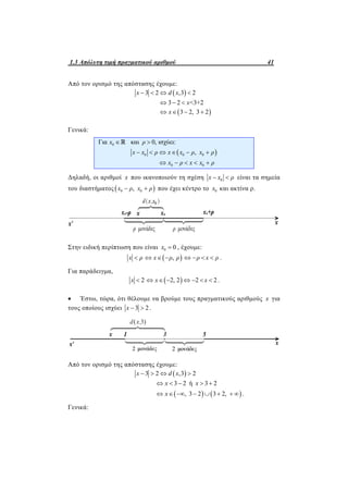 1.3 Απόλυτη τιμή πραγματικού αριθμού 41
Από τον ορισμό της απόστασης έχουμε:
 3 2 ,3 2x d x   
3 2 <3+2x  
 3 2, 3 2x   
Γενικά:
0Για και 0, ισχύει:x ρ 
 0 0 0
0 0
,x x ρ x x ρ x ρ
x ρ x x ρ
     
    
Δηλαδή, οι αριθμοί x που ικανοποιούν τη σχέση 0x x ρ  είναι τα σημεία
του διαστήματος  0 0,x ρ x ρ  που έχει κέντρο το 0x και ακτίνα ρ.
Στην ειδική περίπτωση που είναι 0 0x  , έχουμε:
x ρ  ,x ρ ρ   ρ x ρ    .
Για παράδειγμα,
2x   2, 2 2 2x x       .
 Έστω, τώρα, ότι θέλουμε να βρούμε τους πραγματικούς αριθμούς x για
τους οποίους ισχύει 3 2x   .
Από τον ορισμό της απόστασης έχουμε:
 3 2 ,3 2x d x   
3 2 ή 3 2x x    
   , 3 2 3 2,x        .
Γενικά:
 
