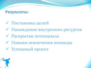  Постановка целей
 Нахождение внутренних ресурсов
 Раскрытие потенциала
 Навыки вовлечения команды
 Успешный проект
 
