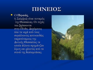 ΠΗΝΕΙΟΣΠΗΝΕΙΟΣ
 Ο Ο ΠηνειόςΠηνειός,,
ή ή ΣαλαβριάςΣαλαβριάς είναι π είναι πooταμόςταμός
 της Θεσσαλιας. Οι πηγές της Θεσσαλιας. Οι πηγές
του βρίσκονταιτου βρίσκονται
στην Πίνδο. Δεχόμενοςστην Πίνδο. Δεχόμενος
όλα τα νερά από τουςόλα τα νερά από τους
συγκλίνοντες ακτινοειδώςσυγκλίνοντες ακτινοειδώς
παραπόταμους τηςπαραπόταμους της
Δυτικής Θεσσαλίας ταΔυτικής Θεσσαλίας τα
οποία άλλοτε σχημάτιζανοποία άλλοτε σχημάτιζαν
λίμνη και ρέοντας από ταλίμνη και ρέοντας από τα
στενά της Καλαμπάκας.στενά της Καλαμπάκας.
 