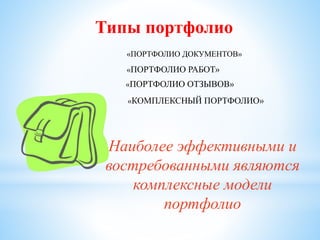 Типы портфолио
«ПОРТФОЛИО ДОКУМЕНТОВ»
«ПОРТФОЛИО РАБОТ»
«ПОРТФОЛИО ОТЗЫВОВ»
«КОМПЛЕКСНЫЙ ПОРТФОЛИО»
Наиболее эффективными и
востребованными являются
комплексные модели
портфолио
 