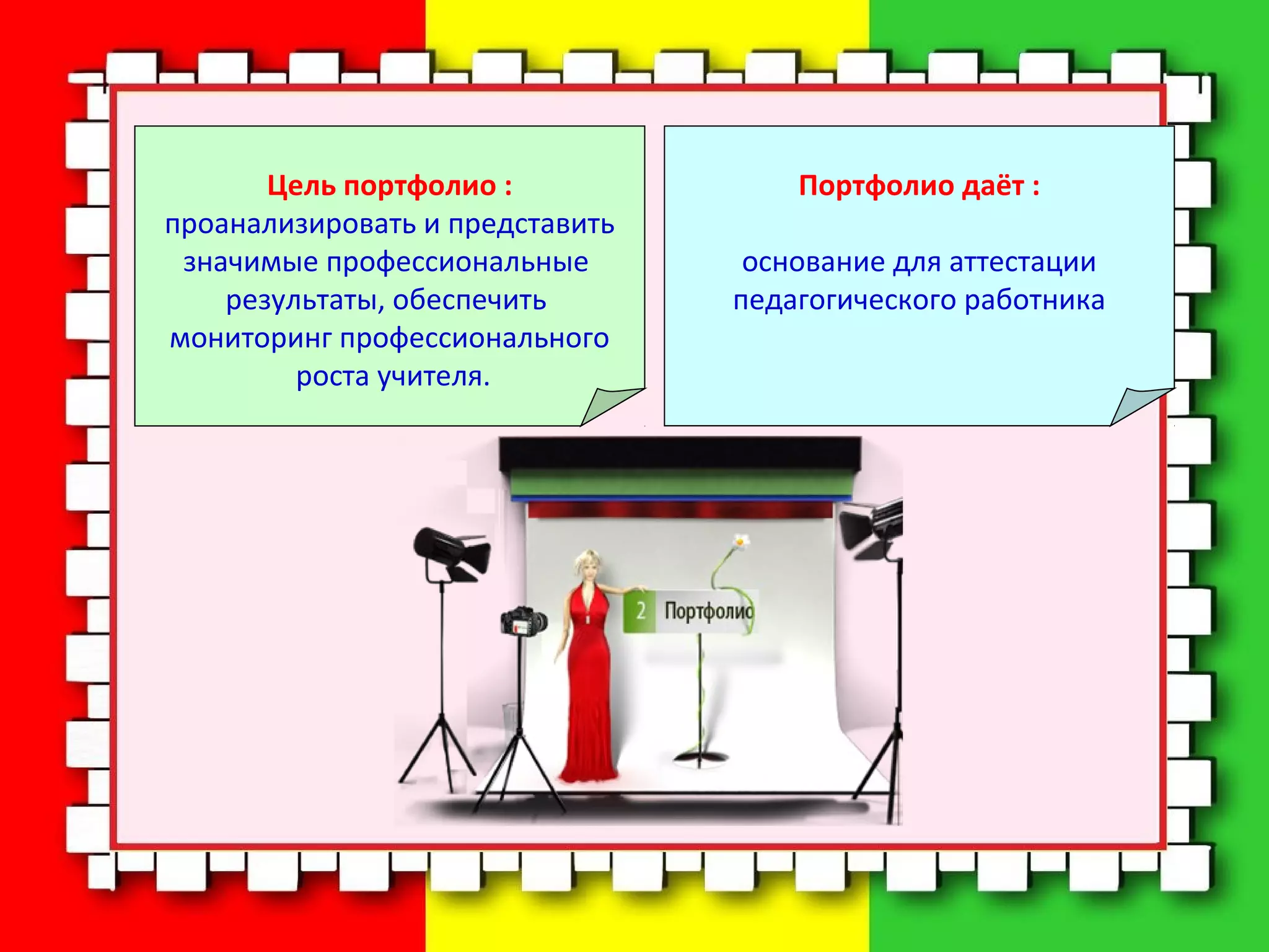 Цель портфолио :
проанализировать и представить
значимые профессиональные
результаты, обеспечить
мониторинг профессионального
роста учителя.
Портфолио даёт :
основание для аттестации
педагогического работника
 