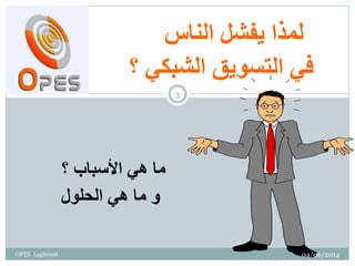 ‫لمذا‬‫الناس‬ ‫يفشل‬
‫؟‬ ‫الشبكي‬ ‫التسويق‬ ‫في‬
‫؟‬ ‫األسباب‬ ‫هي‬ ‫ما‬
‫الحلول‬ ‫هي‬ ‫ما‬ ‫و‬
04/06/2014
3
OPES Laghouat
 