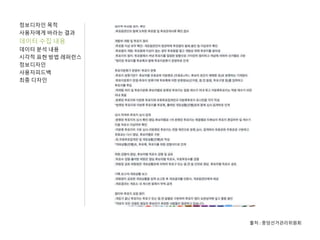 정보디자인 목적
사용자에게 바라는 결과
데이터 수집 내용
데이터 분석 내용
시각적 표현 방법 레퍼런스
정보디자인
사용자피드백
최종 디자인
출처 : 중앙선거관리위원회
 