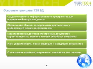 Основные принципы СЭВ ЭД
Создание единого информационного пространства для
предприятий-корреспондентов
Обеспечение обмена электронными документами и
информацией между предприятиями
Гарантированная доставка электронных документов
корреспондентам, ведение истории обработки документа
Учет, управляемость, поиск входящих и исходящих документов
Согласование проектов документов с внешними участниками
3
 