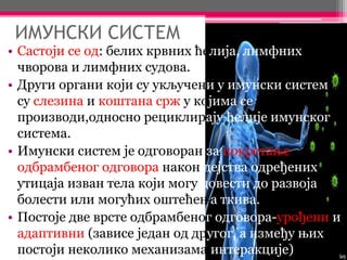 ИМУНСКИ СИСТЕМ
• Састоји се од: белих крвних ћелија, лимфних
чворова и лимфних судова.
• Други органи који су укључени у имунски систем
су слезина и коштана срж у којима се
производи,односно рециклирају ћелије имунског
система.
• Имунски систем је одговоран за покретање
одбрамбеног одговора након дејства одређених
утицаја изван тела који могу довести до развоја
болести или могућих оштећења ткива.
• Постоје две врсте одбрамбеног одговора-урођени и
адаптивни (зависе један од другог, а између њих
постоји неколико механизама интеракције)
 