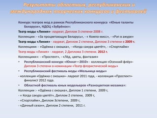 Конкурс театров мод в рамках Республиканского конкурса «Юные таланты
Беларуси», НДОЦ «Зубрёнок»:
Театр моды «Линия»- лауреат, Диплом 3 степени-2008 г.
Коллекции: - «За процветающую Беларусь», - « Компо-мисс», - «Рэп в ажуре»
Театр моды «Линия» - лауреат, Диплом 2 степени, Диплом 3 степени в 2009 г.
Коллекциии: - «Одёжка с окошка», - «Когда сакура цветёт», - «Спортлайм»
Театр моды «Линия» - лауреат, 2 Диплома 3 степени. 2012 г.
Коллекциии»: - «Проспект», - «Лёд, цветы, фантазия»
• Республиканский конкурс «Юннат—2010» - коллекция «Осенний флёр»-
Диплом 3 степени в номинации «Театр флористической моды»
• Республиканский фестиваль моды «Мельница моды»
- коллекция «Одёжка с окошка»- лауреат 2011 года, - коллекция «Проспект»-
финалист 2012 года.
• Областной фестиваль юных модельеров «Разноцветная мозаика»:
Коллекции :- «Одёжка с окошка», Диплом 1 степени, 2009 г,
- « Когда сакура цветёт», Диплом 2 степени, 2009 г,
- «Спортлайм», Диплом 3степени, 2009 г,
- «Дачный сезон», Диплом 2 степени, 2011 г.
 