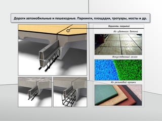 Дороги	
  автомобильные	
  и	
  пешеходные.	
  Паркинги,	
  площадки,	
  тротуары,	
  мосты	
  и	
  др.	
  
 