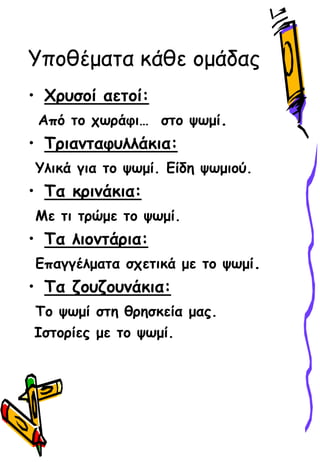 Υποθέματα κάθε ομάδας
• Χρυσοί αετοί:
Από το χωράφι… στο ψӬμί.
• Τριανταφυλλάκια:
Υλικά για το ψӬμί. Είδη ψωμιού.
• Τα κρινάκια:
Με τι τώμε το ψӬμί.
• Τα λιοντάρια:
Επαγγέλματα σχετικά με το ψӬμί.
• Τα ζουζουνάκια:
Το ψӬμί στη θρησκεία μας.
Ιστορίες με το ψӬμί.
 
