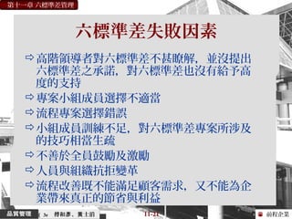 前程企業
第十一章 六標準差管理
傅和 、 士滔彥 黃 11-21（ 3e
六標準差失敗因素
高階領導者對六標準差不甚瞭解，並沒提出
六標準差之承諾，對六標準差也沒有給予高
度的支持
專案小組成員選擇不適當
流程專案選擇錯誤
小組成員訓練不足，對六標準差專案所涉及
的技巧相當生疏
不善於全員鼓勵及激勵
人員與組織抗拒變革
流程改善既不能滿足顧客需求，又不能為企
業帶來真正的節省與利益
 