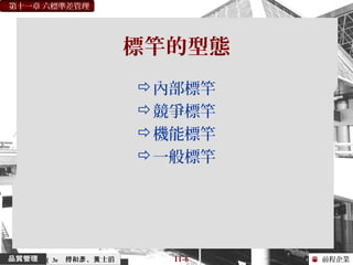 前程企業
第十一章 六標準差管理
傅和 、 士滔彥 黃 11-6（ 3e
標竿的型態
內部標竿
競爭標竿
機能標竿
一般標竿
 