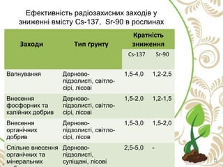 Заходи Тип ґрунту
Кратність
зниження
Cs-137 Sr-90
Вапнування Дерново-
підзолисті, світло-
сірі, лісові
1,5-4,0 1,2-2,5
Внесення
фосфорних та
калійних добрив
Дерново-
підзолисті, світло-
сірі, лісові
1,5-2,0 1,2-1,5
Внесення
органічних
добрив
Дерново-
підзолисті, світло-
сірі, лісов
1,5-3,0 1,5-2,0
Спільне внесення
органічних та
мінеральних
Дерново-
підзолисті,
супіщані, лісові
2,5-5,0 -
5
Ефективність радіозахисних заходів у
зниженні вмісту Cs-137, Sr-90 в рослинах
 