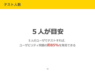 テスト人数
12
５⼈人のユーザでテストすれば、  
ユーザビリティ問題の約85%を発⾒見見できる
５⼈人が⽬目安
 