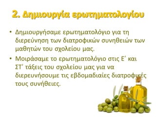 • Δημιουργήσαμε ερωτηματολόγιο για τη
διερεύνηση των διατροφικών συνηθειών των
μαθητών του σχολείου μας.
• Μοιράσαμε το ερωτηματολόγιο στις Ε’ και
ΣΤ’ τάξεις του σχολείου μας για να
διερευνήσουμε τις εβδομαδιαίες διατροφικές
τους συνήθειες.
 