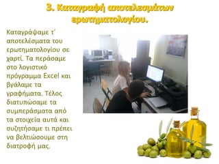 Καταγράψαμε τ’
αποτελέσματα του
ερωτηματολογίου σε
χαρτί. Τα περάσαμε
στο λογιστικό
πρόγραμμα Excel και
βγάλαμε τα
γραφήματα. Τέλος
διατυπώσαμε τα
συμπεράσματα από
τα στοιχεία αυτά και
συζητήσαμε τι πρέπει
να βελτιώσουμε στη
διατροφή μας.
 