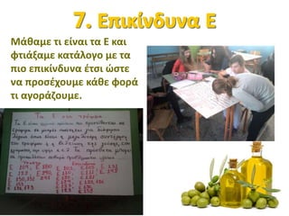 Μάθαμε τι είναι τα Ε και
φτιάξαμε κατάλογο με τα
πιο επικίνδυνα έτσι ώστε
να προσέχουμε κάθε φορά
τι αγοράζουμε.
 