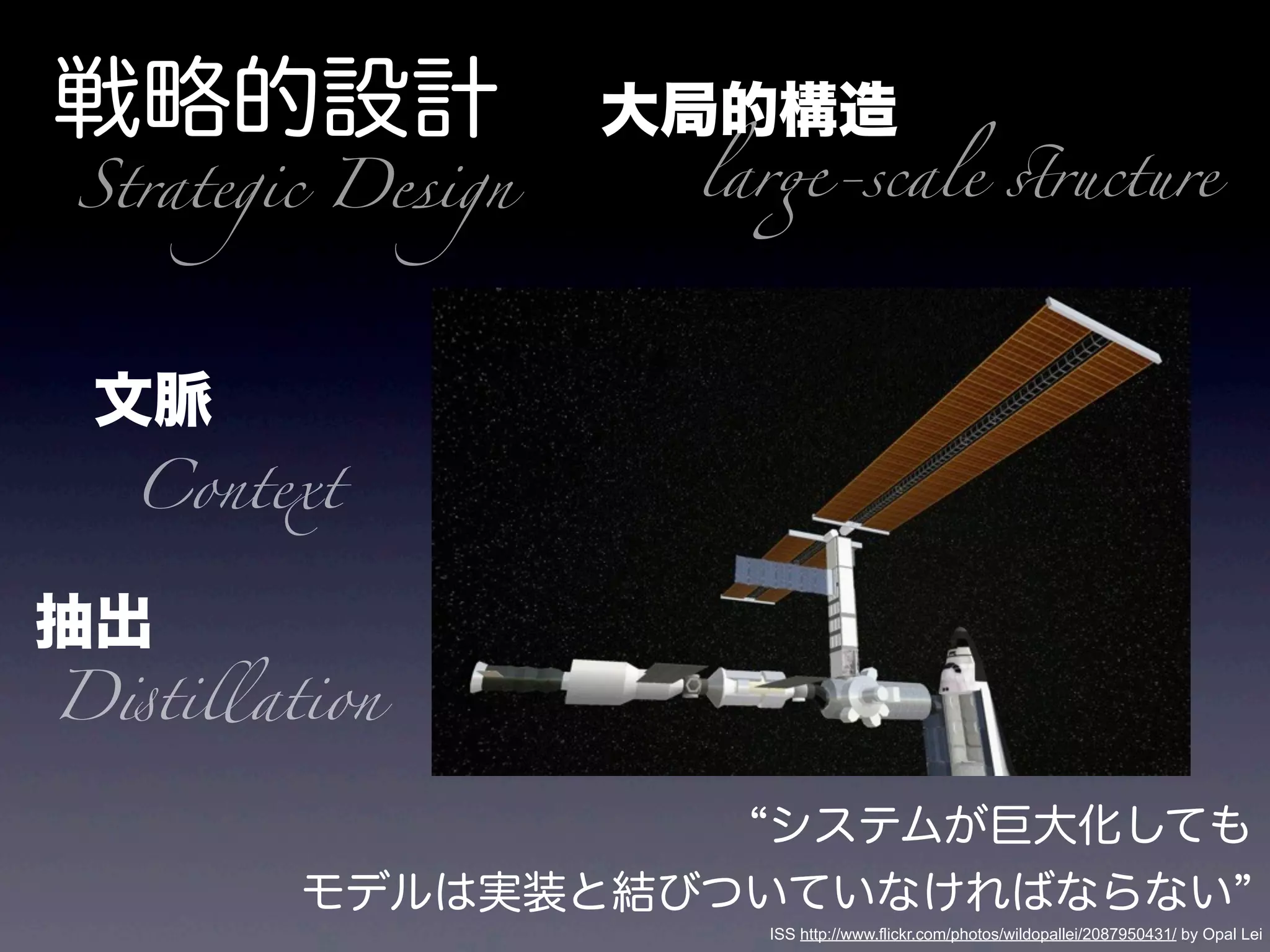 戦略的設計
文脈
抽出
大局的構造
システムが巨大化しても
モデルは実装と結びついていなければならない
ISS http://www.flickr.com/photos/wildopallei/2087950431/ by Opal Lei
Context
D&tillation
lar"-scale (ructureStrategic Design
 