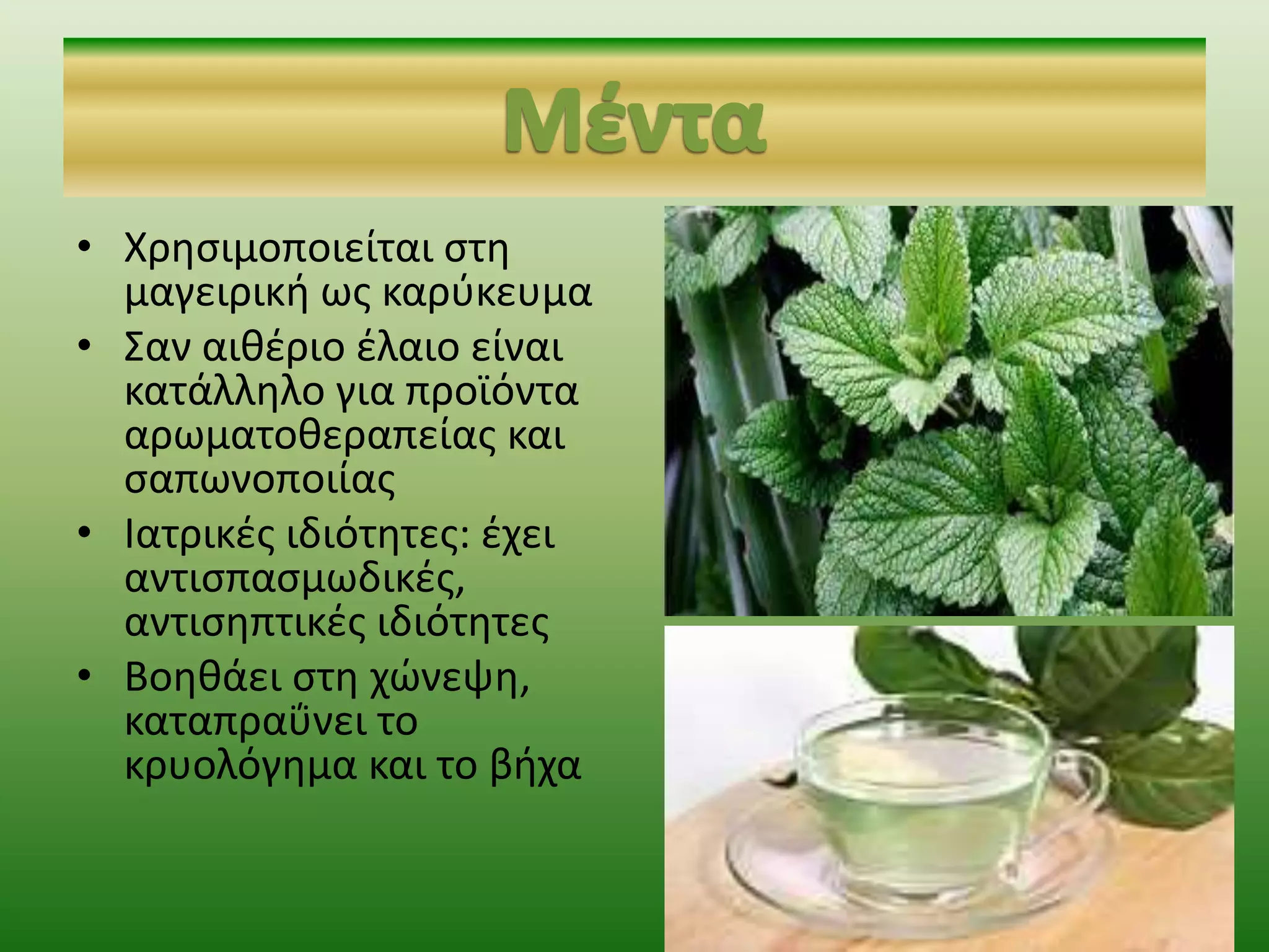 • Χρησιμοποιείται στη
μαγειρική ως καρύκευμα
• Σαν αιθέριο έλαιο είναι
κατάλληλο για προϊόντα
αρωματοθεραπείας και
σαπωνοποιίας
• Ιατρικές ιδιότητες: έχει
αντισπασμωδικές,
αντισηπτικές ιδιότητες
• Βοηθάει στη χώνεψη,
καταπραΰνει το
κρυολόγημα και το βήχα
 