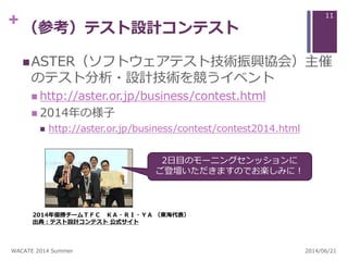 + （参考）テスト設計コンテスト
ASTER（ソフトウェアテスト技術振興協会）主催
のテスト分析・設計技術を競うイベント
 http://aster.or.jp/business/contest.html
 2014年の様子
 http...