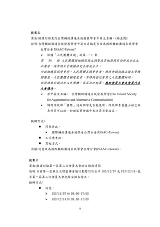 9 
 
提案五
案由:擬請討論更改台灣輔助溝通系統發展學會中英文名稱。(蔡孟儒)
說明:台灣輔助溝通系統發展學會中英文名稱是否改為國際輔助溝通系統學會
台灣分會 ISAAC-Taiwan?
 依據「人民團體法規」的第 一○ 章
第 56 條 人民團體因組織區域之調整或其他原因有合併或分立之
必要者，得申請主管機關核定合併或分立。
行政組織區域變更時，人民團體名稱變更者，應將會議紀錄函請主管機
關備查。人民團體名稱變更者，不得與登記有案之人民團體相同。
依前項規定議決之人民團體，其屆次之起算，應經會員大會或會員代表
大會議決。
 原中英文名稱﹕ 台灣輔助溝通系統發展學會(The Taiwan Society
for Augmentative and Alternative Communication)
 詢問內政部「國際」這兩個字是否能使用，內政部李盈螢小姐已經
表明是可以的。於理監事會議中表決是否要改名。
擬辦方式﹕
 同意更改。
 國際輔助溝通系統學會台灣分會(ISAAC-Taiwan)
 不同意更改。
 其他方式。
決議:同意改為國際輔助溝通系統學會台灣分會(ISAAC-Taiwan)。
提案六
案由:擬請討論第一屆第三次會員大會的日期與時間
說明:目前第一屆第五次理監事會議計劃暫訂於台中 103/12/07 或 103/12/14，能
否第一屆第三次會員大會也將安排在當天。
擬辦方式﹕
 同意。
 103/12/07 於 09:00-17:00
 103/12/14 於 09:00-17:00
 