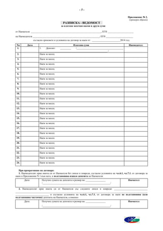 - 5 -
Приложение № 2.
(примерен образец)
РАЗПИСКА - ВЕДОМОСТ
за платени месечни наеми и други суми
от Наемателя _________________________________________________________, ЕГН _____________________
на Наемодателя ______________________________________________________, ЕГН ______________________
съгласно сроковете и условията на договор за наем от: _______________________2014 год.
Nо Дата Платени суми Наемодател:
1. 1. Депозит: _________ /______________________________________
_______________________________________________________ /
2. Наем за месец
3. Наем за месец
4. Наем за месец
5. Наем за месец
6. Наем за месец
7. Наем за месец
8. Наем за месец
9. Наем за месец
10. Наем за месец
11. Наем за месец
12. Наем за месец
13. Наем за месец
14. Наем за месец
15. Наем за месец
16. Наем за месец
17. Наем за месец
18. Наем за месец
19. Наем за месец
20. Наем за месец
21. Наем за месец
22. Наем за месец
23. Наем за месец
24. Наем за месец
При прекратяване на договора:
1. Наемодателят прие имота си от Наемателя без липси и повреди, съгласно условията на чл.6.1, чл.7.1. от договора за
наем и Приложение N 1 към него, и възстановява изцяло депозита на Наемателя:
Дата: Получих сумата на депозита в размер на: ________________
/_______________________________________________________/
Наемател:
2. Наемодателят прие имота си от Наемателя със следните липси и повреди: ___________________________
___________________________________________________________________________________________________________
___________________________ и съгласно условията на чл.6.1, чл.7.1. от договора за наем не възстановява (или
възстановява частично) депозита на Наемателя, а именно:
Дата: Получих сумата на депозита в размер на: ________________
/_______________________________________________________/
Наемател:
.
 