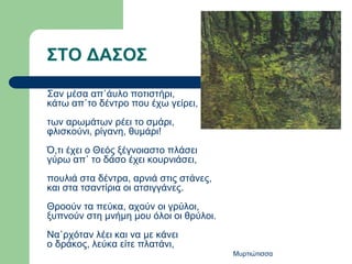 Σαν μέσα απ᾽άυλο ποτιστήρι,
κάτω απ᾽το δέντρο που έχω γείρει,
των αρωμάτων ρέει το σμάρι,
φλισκούνι, ρίγανη, θυμάρι!
Ό,τι έχει ο Θεός ξέγνοιαστο πλάσει
γύρω απ᾽ το δάσο έχει κουρνιάσει,
πουλιά στα δέντρα, αρνιά στις στάνες,
και στα τσαντίρια οι ατσιγγάνες.
Θροούν τα πεύκα, αχούν οι γρύλοι,
ξυπνούν στη μνήμη μου όλοι οι θρύλοι.
Να᾽ρχόταν λέει και να με κάνει
ο δράκος, λεύκα είτε πλατάνι,
Μυρτιώτισσα
ΣΤΟ ΔΑΣΟΣ
 