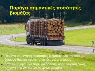 Παράγει σημαντικές ποσότητες
βιομάζας
 Παράγει σημαντικές ποσότητες βιομάζας, μας προσφέρει
διάφορα δασικά προϊόντα και δεσμεύει ενέργεια.
 Κατά μέσο όρο, ένα στρέμμα δάσους, στην εύκρατη ζώνη,
παράγει 600-2500 κιλά το χρόνο βιομάζα.
 