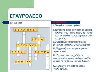 ΣΤΑΥΡΟΛΕΞΟ
Β Ε Λ Α Ν Ι Δ Ι
Λ Ο Υ Λ Ο Υ Δ Ι
Δ Ε Ν Τ Ρ Ο
Σ Α Υ Ρ Α
Ι Τ Ι Α
Β Ρ Ο Χ Η
1. Το τρώνε τα σκιουράκια.
4. Είναι ένα είδος δέντρου με μακριά
κλαδιά που πάνε προς τα κάτω
και τα φύλλα τους κρέμονται σαν
κουρτίνες.
ΟΡΙΖΟΝΤΙΑ
6.Ομορφαίνει το φυτό όπου έχει
φυτρώσει και πολλές φορές μυρίζει.
10.Τη χρειάζονται τα φυτά για να
μεγαλώσουν.
11. Ερπετό που συχνάζει σε
σκοτεινά μέρη όπως υπόγεια , αλλά
μπορεί να το δούμε και στο δάσος.
12.Φυτρώνει στο δάσος και ζει
πολλά χρόνια.
 