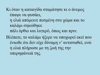 Κι όταν η καταιγίδα σταμάτησε κι ο άνεμος
έπαψε να φυσάει,
η ελιά απόμεινε πεσμένη στο χώμα και το
καλάμι σηκώθηκε
πάλι όρθιο και λυγερό, όπως και πριν.
Βλέπετε, το καλάμι ήξερε να υποχωρεί εκεί που
ένιωθε ότι δεν είχε δύναμη ν’ αντισταθεί, ενώ
η ελιά πλήρωσε με τη ζωή της την
υπερηφάνειά της.
 