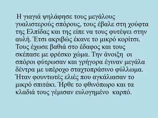 Η γιαγιά ψηλάφησε τους μεγάλους
γυαλιστερούς σπόρους, τους έβαλε στη χούφτα
της Ελπίδας και της είπε να τους φυτέψει στην
αυλή. Έτσι ακριβώς έκανε το μικρό κορίτσι.
Τους έχωσε βαθιά στο έδαφος και τους
σκέπασε με φρέσκο χώμα. Την άνοιξη οι
σπόροι φύτρωσαν και γρήγορα έγιναν μεγάλα
δέντρα με υπέροχο σταχτοπράσινο φύλλωμα.
Ήταν φουντωτές ελιές που αγκάλιασαν το
μικρό σπιτάκι. Ήρθε το φθινόπωρο και τα
κλαδιά τους γέμισαν ευλογημένο καρπό.
 