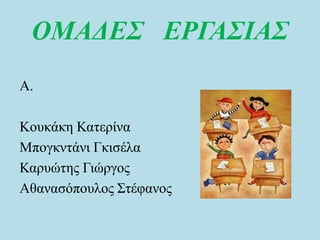 ΟΜΑΔΕΣ ΕΡΓΑΣΙΑΣ
Α.
Κουκάκη Κατερίνα
Μπογκντάνι Γκισέλα
Καρυώτης Γιώργος
Αθανασόπουλος Στέφανος
 