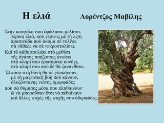 Η ελιά Λορέντζος Μαβίλης
Στὴν κουφάλα σου ἐφώλιασε μελίσσι,
γέρικη ἐλιά, ποὺ γέρνεις μὲ τὴ λίγη
πρασινάδα ποὺ ἀκόμα σὲ τυλίγει
σὰ νἄθελε νὰ σὲ νεκροστολίσει.
Καὶ τὸ κάθε πουλάκι στὸ μεθύσι
τῆς ἀγάπης πιπίζοντας ἀνοίγει
στὸ κλαρί σου ἐρωτάρικο κυνήγι,
στὸ κλαρί σου ποὺ δὲ θὰ ξανανθίσει.
Ὢ πόσο στὴ θανὴ θὰ σὲ γλυκάνουν,
μὲ τὴ μαγευτικὴ βοὴ ποὺ κάνουν,
ὁλοζώντανης νιότης ὀμορφάδες
ποὺ σὰ θύμησες μέσα σου πληθαίνουν·
ὢ νὰ μποροῦσαν ἔτσι νὰ πεθαίνουν
καὶ ἄλλες ψυχὲς τῆς ψυχῆς σου ἀδερφάδες.
 