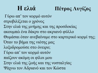 Η ελιά Πέτρος Λυγίζος
Γύρω απ’ τον κορμό αυτόν
στροβιλίζεται ο χρόνος
Στην ελιά της μνήμης και της προσδοκίας
ακουμπώ ένα δάκρυ στο ακριανό φύλλο
Θυμάσαι όταν ανεβαίναμε στο καρτερικό κορμί της;
Όταν το βήμα της νιότης μας
λοξοδρομούσε στο όνειρο;
Γύρω απ’ τον κορμό αυτόν
παίζουν ακόμη οι φίλοι μου
Στην ελιά της ζωής και της νοσταλγίας
Ψάχνω τον Αδριανό και τον Κώστα
 