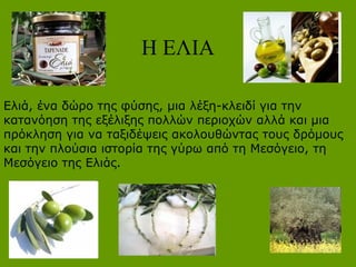 Η ΕΛΙΑ
Ελιά, ένα δώρο της φύσης, μια λέξη-κλειδί για την
κατανόηση της εξέλιξης πολλών περιοχών αλλά και μια
πρόκληση για να ταξιδέψεις ακολουθώντας τους δρόμους
και την πλούσια ιστορία της γύρω από τη Μεσόγειο, τη
Μεσόγειο της Ελιάς.
 
