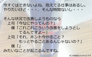 今すぐはできないよね、抱えてる仕事はあるし。
やりたいけど・・・、そんな時間ないし・・・
そんな状況で改善しようものなら
 　上司「今なにやってんの？」
 　 　僕「これこれこういう改善をしようとし
 　 　 　 　てるんですよー」
 　上司「それ、ホント今やること？
 　 　 　 　もっとやることあるんじゃないの？」
 　 　僕「」
みたいなことが起こるんですね。
※この会話はフィクションです	
 